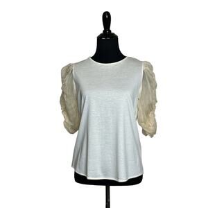 Sandro cream with sheer puff chiffon sleeve knit blouse top size 2